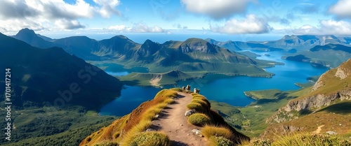 Azores hiking trail overlooking Ponta Delgada's lakes Majestic mountain scenery, tranquil, volcano