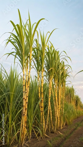 Lush sugarcane field on blue sky, creating a warm agricultural landscape on rural farmland