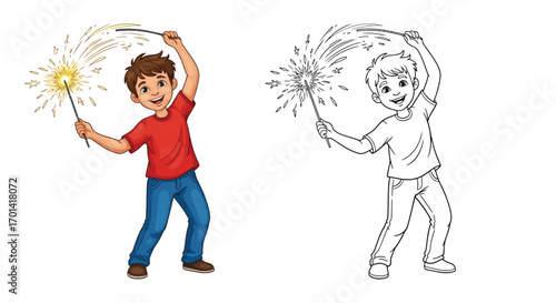 Happy Boy with Sparkler Diwali Coloring Sheet Festival of Lights Fun Activity