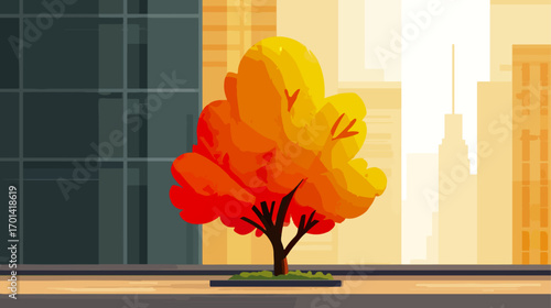 Autumnal tree illustration with city skyline background
