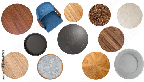 Overhead view of diverse round table surfaces & an armchair. Various textures and colors