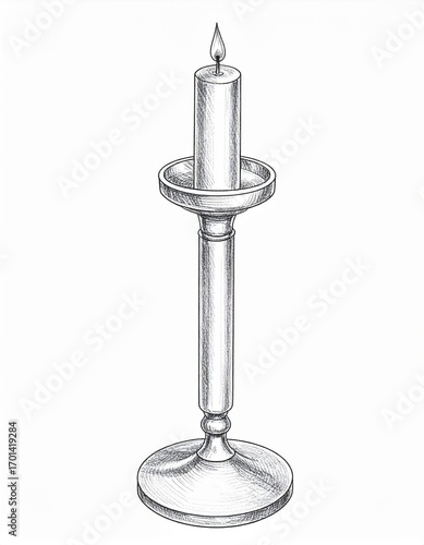 Detailed Illustration of a Lit Candle in Silver Candlestick on White Background