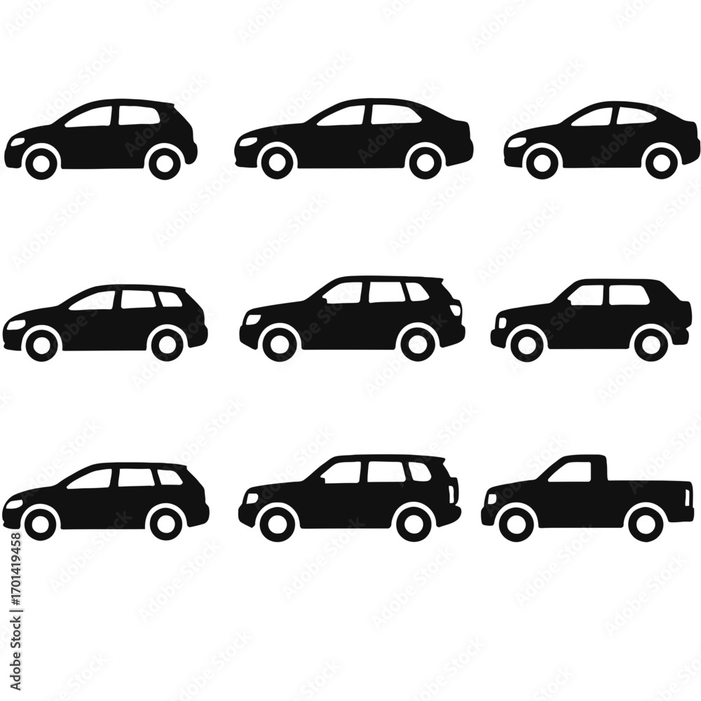 Car SUV Sedan Pickup Van Set silhouette vector illustration