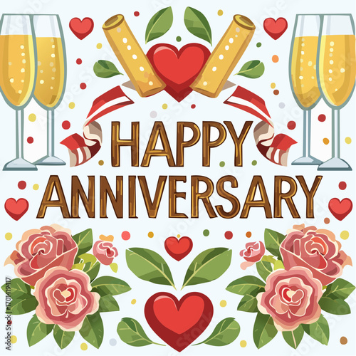 Happy Anniversary greeting card with champagne flutes, ribbons, hearts, and roses.