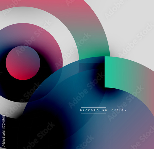 Abstract geometric shapes overlap, creating vibrant color gradients. Circles, squares, smooth transitions define modern design.