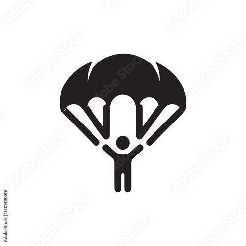 Isolated graphic of a skydiver with a light blue parachute descent over a stark white backdrop ready to land