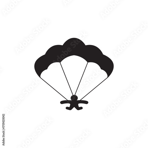 Isolated graphic of a skydiver with a light blue parachute descent over a stark white backdrop ready to land