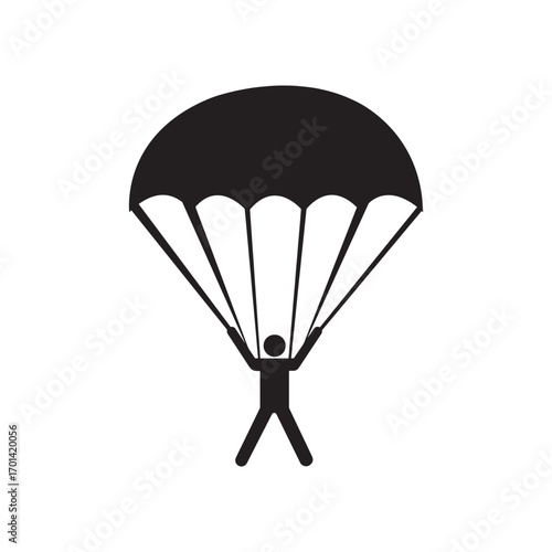 Isolated graphic of a skydiver with a light blue parachute descent over a stark white backdrop ready to land