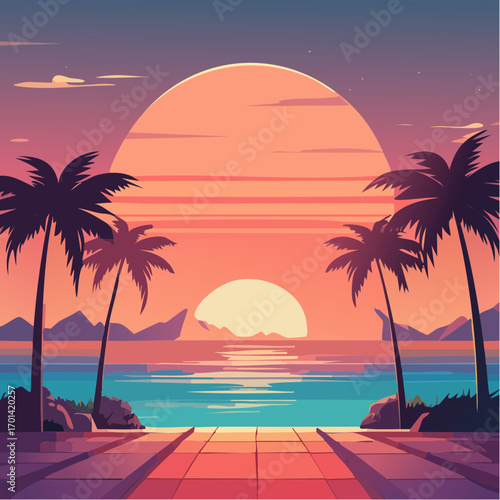 A vibrant, stylized illustration of a tropical sunset with palm trees silhouetted against a large, colorful sun setting over the ocean.