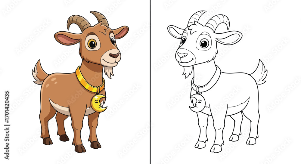 Obraz premium Adorable Goat with a Crescent Collar Ramadan Coloring Page for Holiday Kids Fun