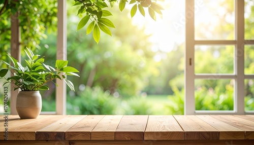 Wooden Table  Window with Garden View with Sunny Day, and Nature.
