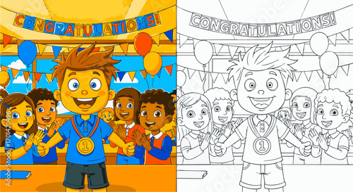 Celebrating Success A Cheerful Cartoon Boy with a Gold Medal Surrounded by Happy Classmates