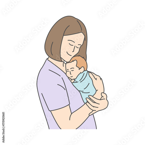 Illustration of a mother softly holding her newborn baby with a relaxed smile