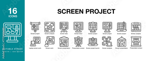 Screen Project icon set. Includes screen, technology, project, projection, display, and More. Editable Stroke Icon Collection.