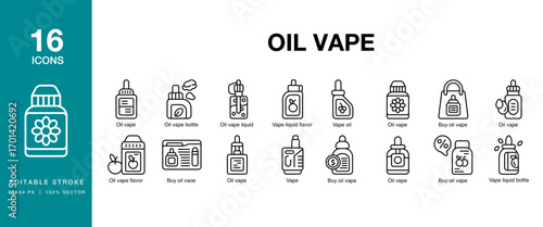 Oil Vape icon set. Includes vape, health, smoke, oil, nicotine, electronic, and More. Editable Stroke Icon Collection.