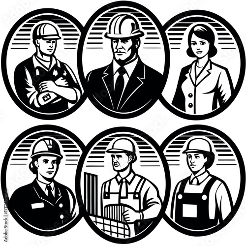 Six professional portraits construction workers and executives black and white vector