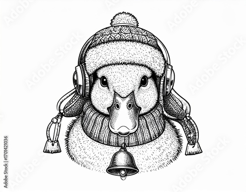Whimsical Line Art Duck with Winter Hat and Jingle Bell in Black and White Illustration