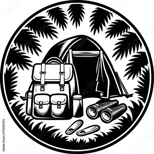 Backpack tent binoculars sandals in forest scene camping