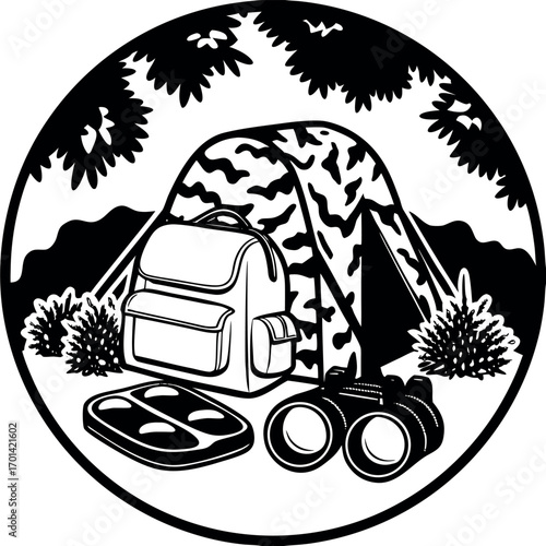 Camping scene with tent backpack binoculars and food vector