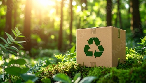 Cardboard box with recycling symbol in forest.