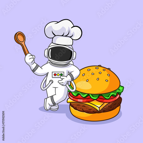 Chef Astronaut with a Burger Vector Illustration Cartoon Design