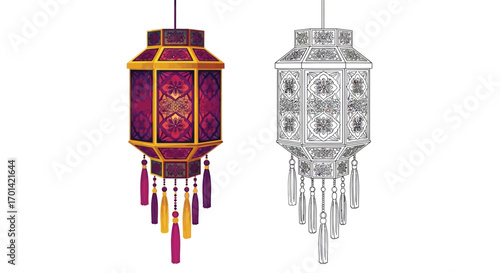 Intricate Ethnic Lantern Pair Coloring Page for Diwali Festival Decor Art