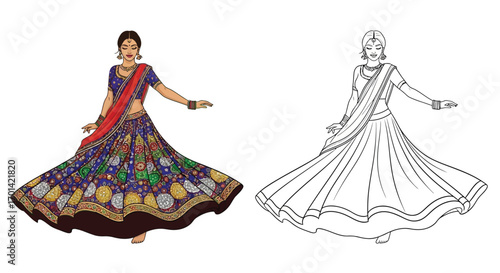 Female Dancing in Traditional Lehenga Coloring Page Indian Festival of Lights Art