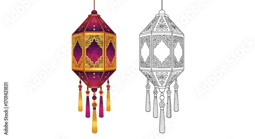 Decorative Ethnic Lantern Pair Coloring Sheet Traditional Diwali Festival Art