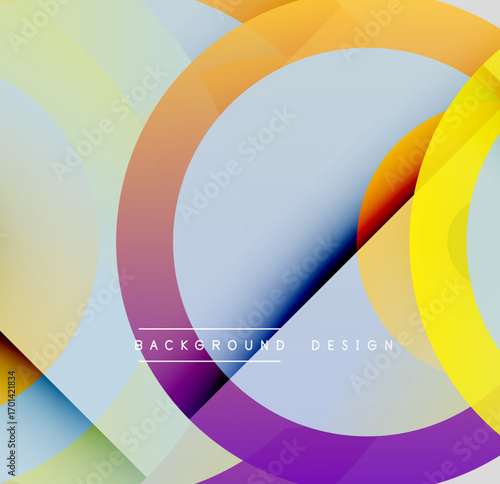 Abstract colorful circles overlap creating dynamic visual effect. Gradient shades blend smoothly, forming modern background design.
