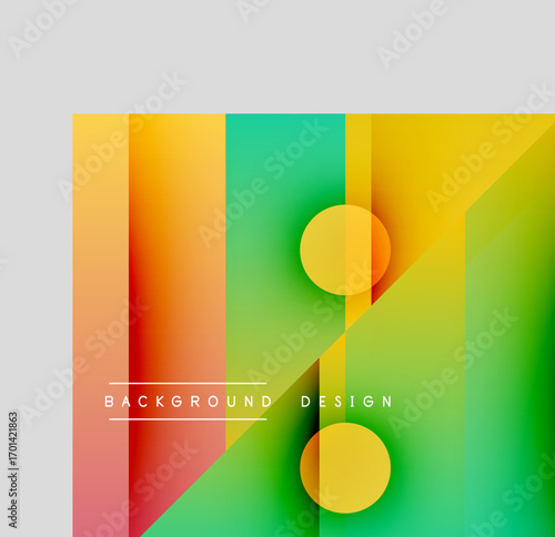 Abstract vibrant design features overlapping colorful rectangles, circles. Gradient transitions create dynamic visual effect. Modern background texture.