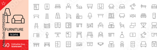 Furniture icons set. Containing dining table, bed, couch, tv table, sofa, kitchen, lamps, office chair, dressing table, book self, window and door. Vector illustration. Editable stroke. Outline icons.