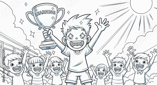Ecstatic young champion proudly holds a gleaming trophy, surrounded by cheering friends, celebrating a significant triumph and shared happiness, embodying achievement