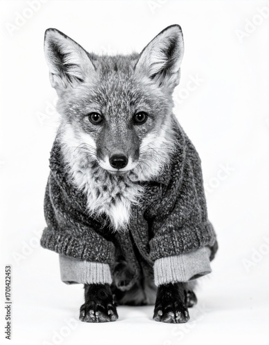 Monochrome Portrait of a Red Fox Cub Wearing a Knitted Sweater on White Background Studio Shot