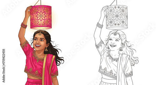 Happy Girl with a Diwali Lantern Coloring Sheet Traditional Indian Festival Art