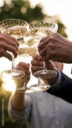 A tight close-up video of diverse hands clinking elegant non-alcoholic beverage glasses, bathed in warm golden hour sunlight with creamy bokeh. Concept of celebration and unity