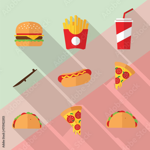 Colorful flat design illustration featuring various fast food items with long shadows, seamless pattern, Stock royalty free image.