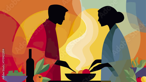 Couple cooking food together in abstract style