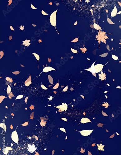 Falling Autumn Leaves with Gold Glitter Sparkles against Dark Blue Background
