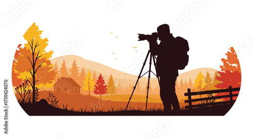 a photographer capturing autumn scenery with tripod camera
