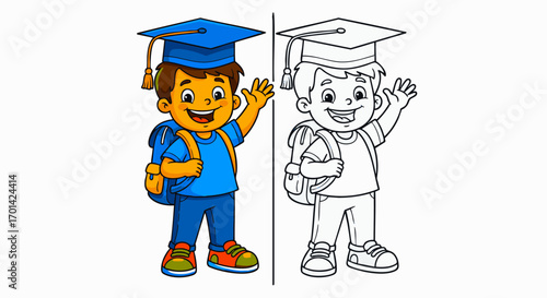 Cheerful cartoon student boy wearing graduation cap and backpack, waving enthusiastically, a vibrant illustration perfect for educational themes and children's content