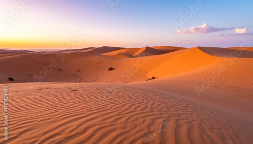 Fototapeta Naklejka Na Ścianę i Meble -  Golden Sand Dunes at Sunset with Long Ripples