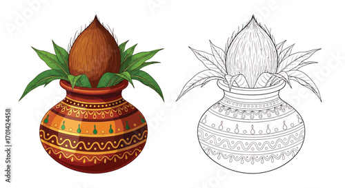 Traditional Kalash Pot Diwali Symbol Coloring Page Indian Festival of Lights Illustration