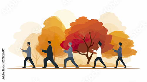 Diverse group practicing tai chi in autumn park