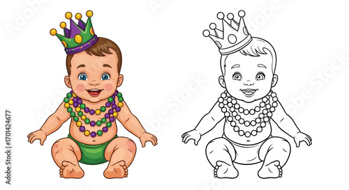 Mardi Gras Baby Character in Colorful Beads Coloring Page with Duplicate Outline Style
