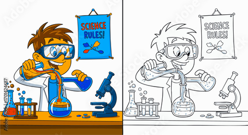 Young enthusiastic scientist in a laboratory setting with colorful liquids and scientific equipment, presented in both full color and line art for educational and creative purposes