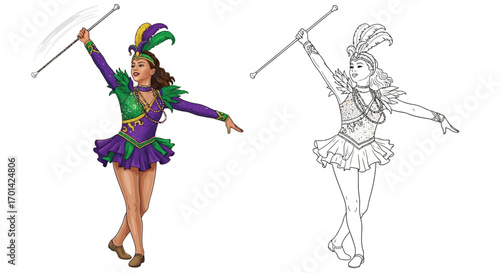Spirited Mardi Gras Baton Twirler Coloring Page in Color and Outline for Holiday Activity