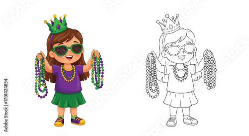 Mardi Gras Girl with Beaded Necklace Coloring Page with Duplicate Outline Style Art