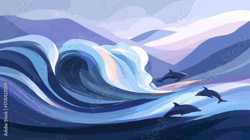 Dolphins leaping over waves in mountainous seascape