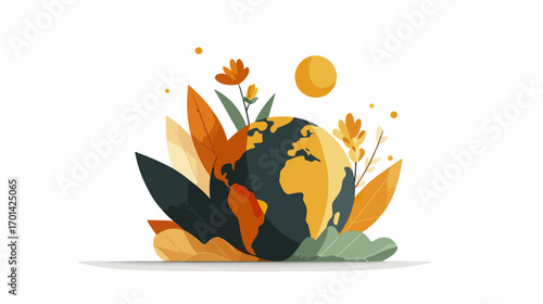 Earth surrounded by autumn leaves and flowers