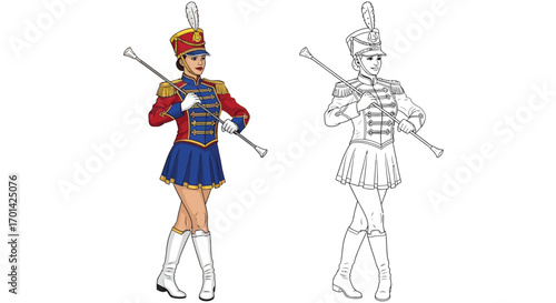 Mardi Gras Drum Majorette Coloring Page with Outline Character and Festive Costume